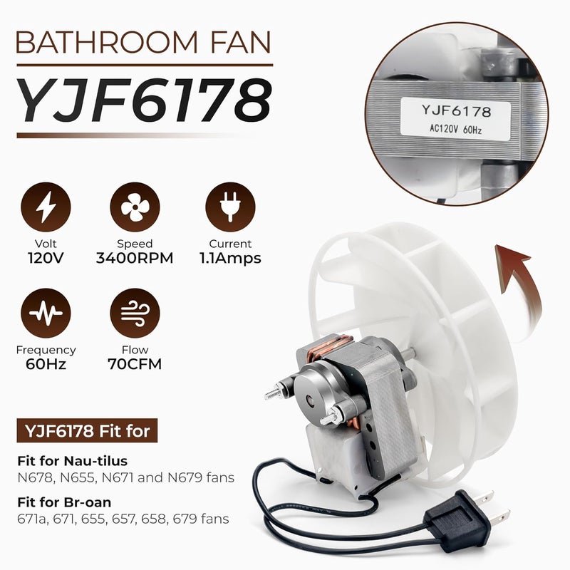 Fetechmate Upgraded 70CFM Bathroom Exhaust Fan Motor Replace 99080166 BP28 YJF6178 Bath Motor Fit for Br-oan Nu-Tone Nau-tilus 678 671 679 658 657 655 Vent Bath Fan Motor-60HZ 120V 1.1A CCW by - Image 2